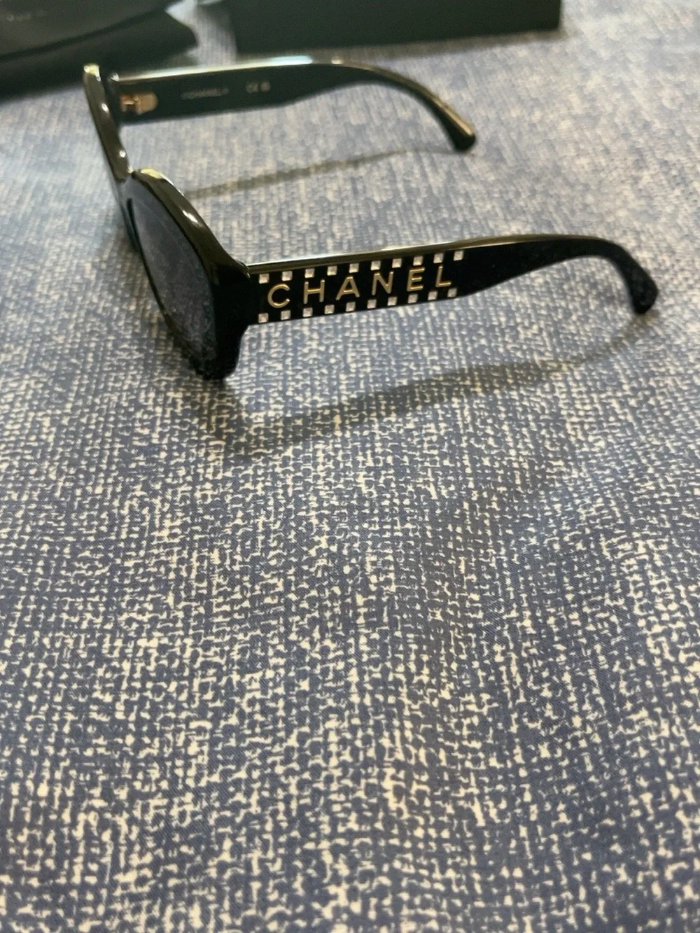Authentic CHANEL 71668A Crystal Logo Cat Eye Sunglasses Black Gold